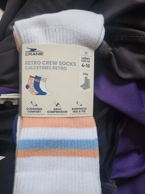 Crane Ladies Retro Crew Socks - White with Peach & Light Blue Stripes